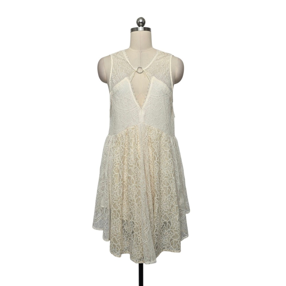 Free People Ivory Lace O-Ring Sleeveless Mini Dress Metallic Accents Size Medium